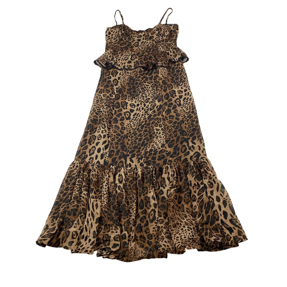 VICI Leopard Print Peplum Maxi Dress Brown Black Lace Trim  Large - Picture 6 of 12